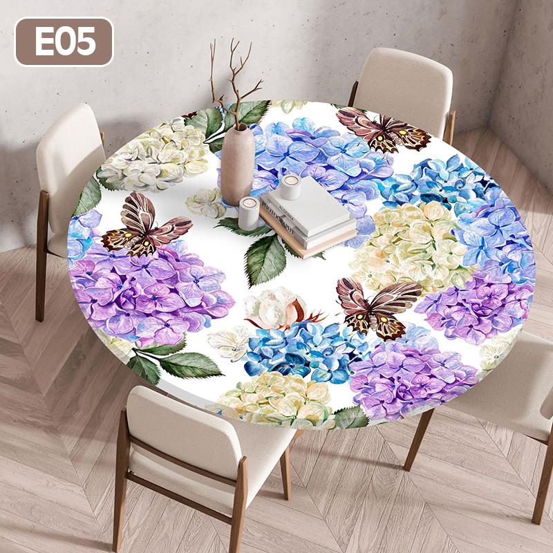 Floral Printed Tablecloth Round Elastic Fitted Edged Dining Table Cloth Waterproof Outdoor Picnic Coffee Tea Table Cover