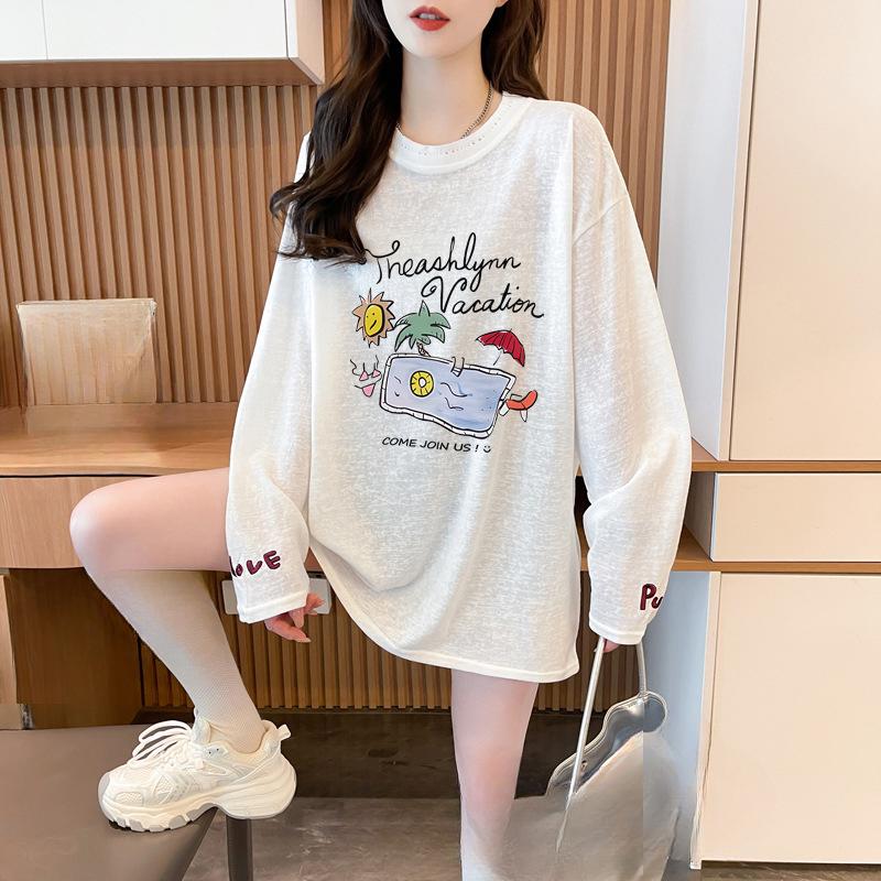 

Футболка с длинным рукавом большого размера с вышивкой и мультяшным принтом для защиты от солнца 4XL белый