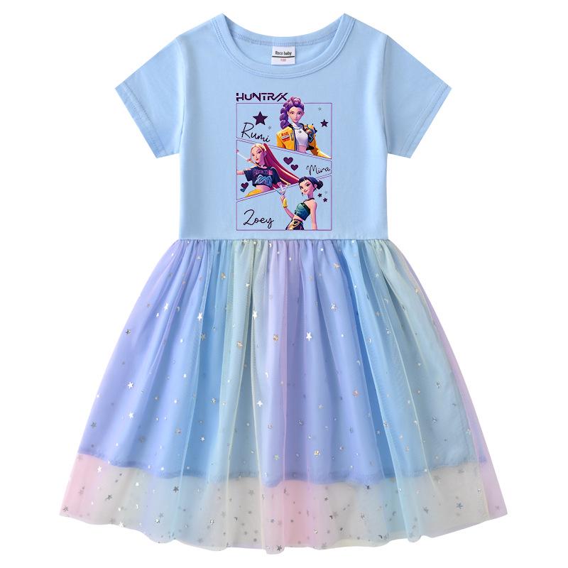 Korean-Style Kpop Demon Slayer Mesh Princess Dress for Kids - Short Sleeve for Summer, Long Sleeve for Spring/Autumn