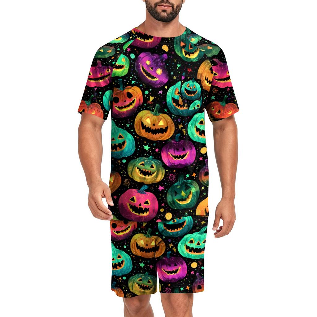 Men's Halloween Casual Pajama Set Short Sleeve Top and Shorts Comfortable Lightweight Sleepwear for Home Relaxation