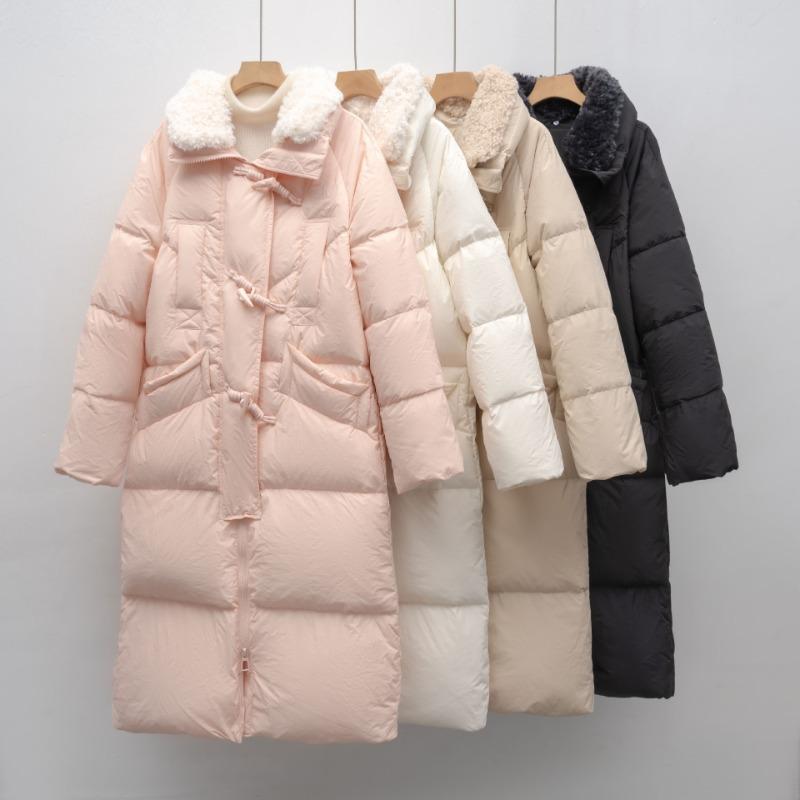 White Duck Down Long Down Jacket Women's Winter New Simple Fur Collar Thickened Loose Knee Coat Tide