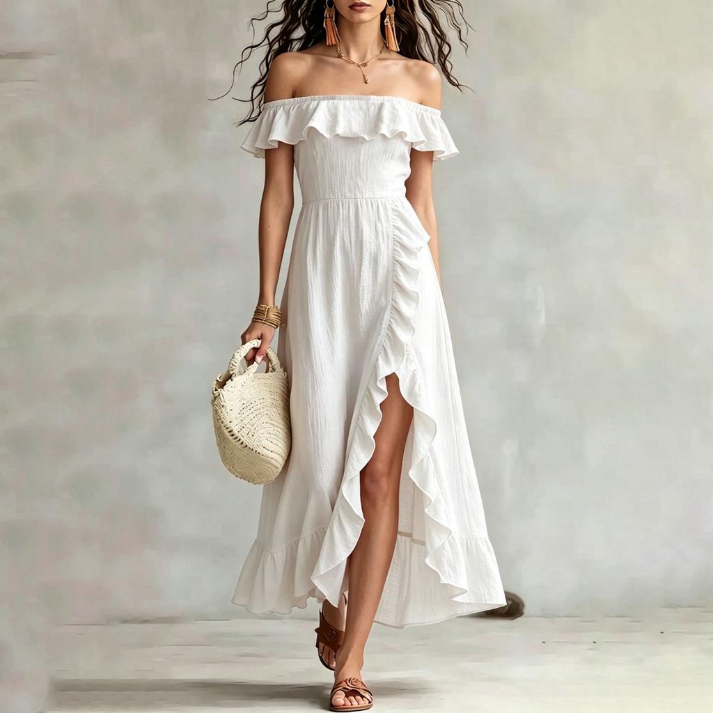Modisches Sexys Rüschen-Einschulter-Kleid für Damen, temperamentvoll, für den Urlaub, locker
