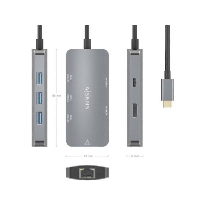 HUB USB-C - AISENS - ASUC-6P019-GR - 6 Ports - 4K Ultra HD - USB Power Delivery 100W