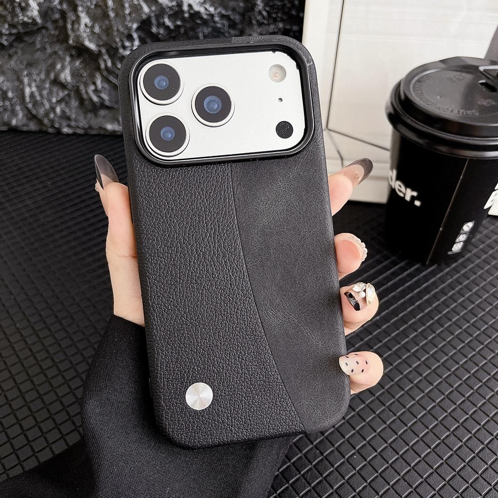 Leather Texture and Plain Leather Splicing Lens Heightening Protective Case for iPhone17 Pro Max 17 Pro 17 Air 16 15 14 13 Cover