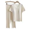 Women's Short-Sleeve Pajama Set with Built-in Bra, Summer Ice Silk Two-Piece, Casual Long Pants, Home Comfort Wear.