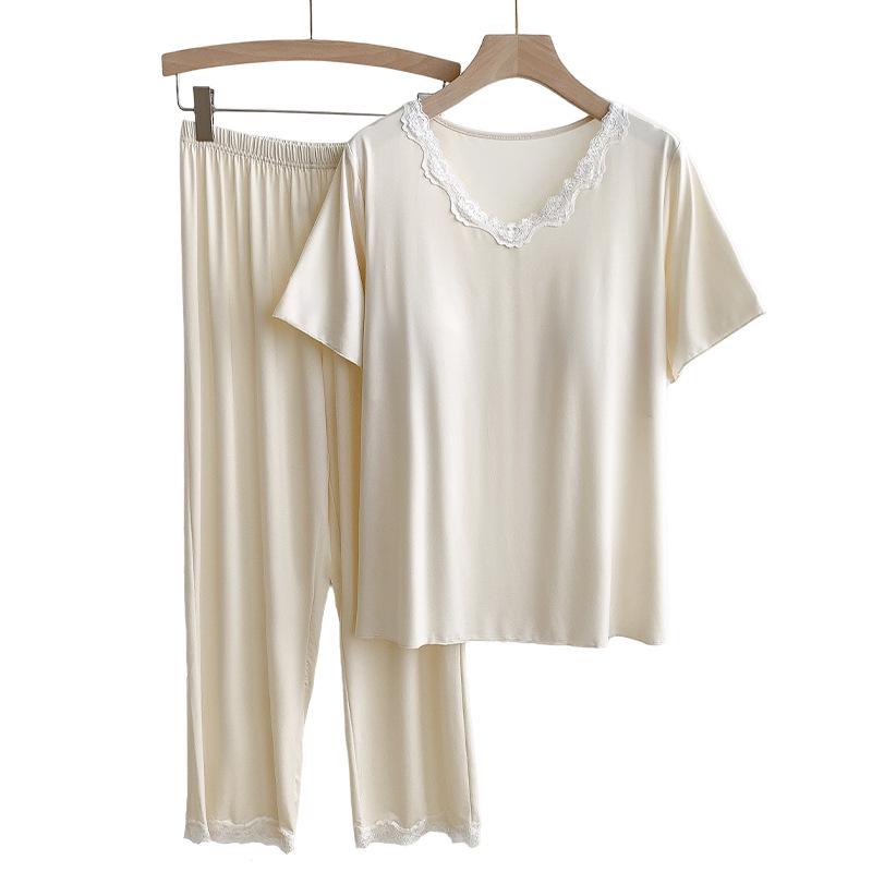 Women's Short-Sleeve Pajama Set with Built-in Bra, Summer Ice Silk Two-Piece, Casual Long Pants, Home Comfort Wear.
