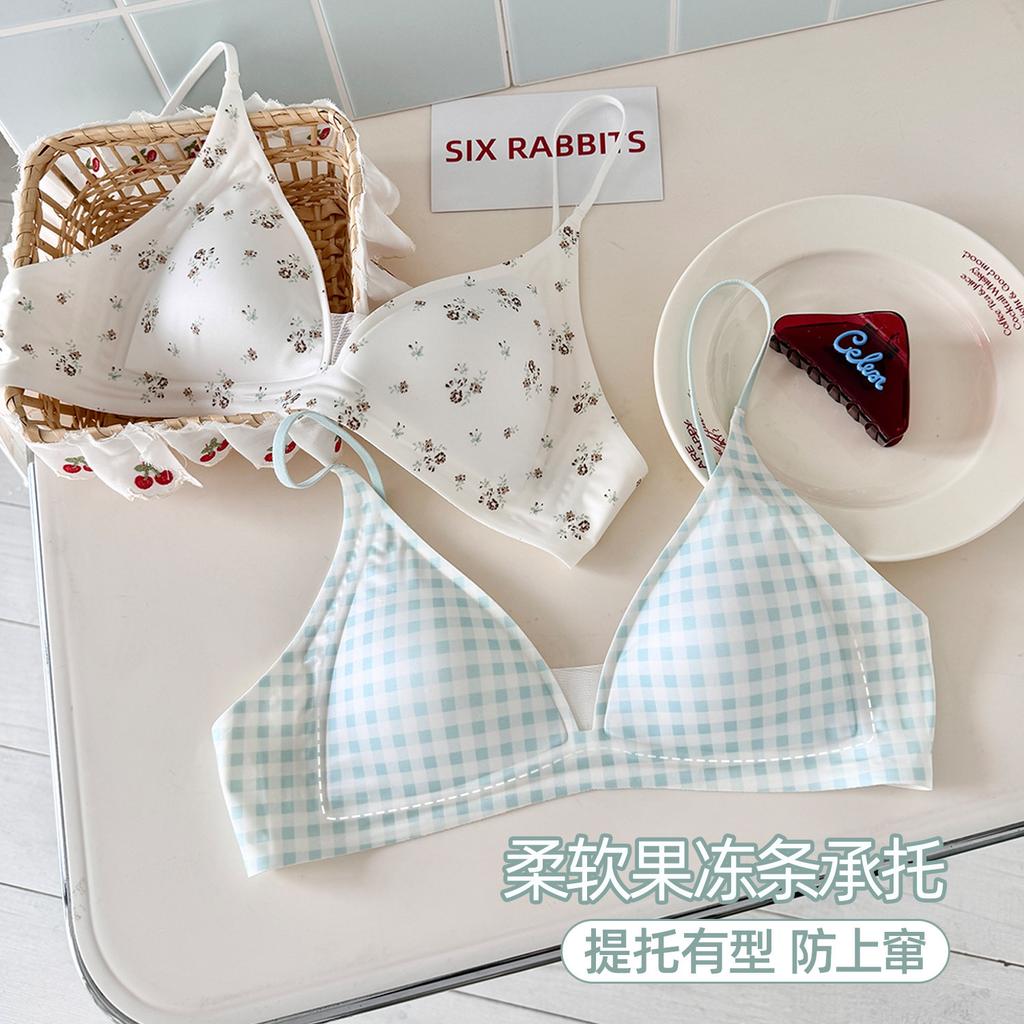 Vintage plaid women's French triangle cup underwear women's seamless big breasts show small breasts pure desire sexy top bra cover