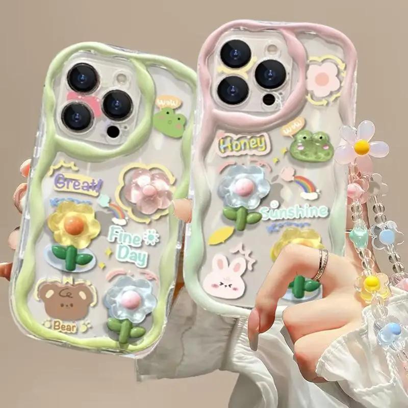3D Pink Flower Phone Chain Clear Case for Samsung Galaxy S26 S25 Plus S23 S24 Ultra FE S25FE A57 A37 A17 A56 A16 A55 A54 A15 5G