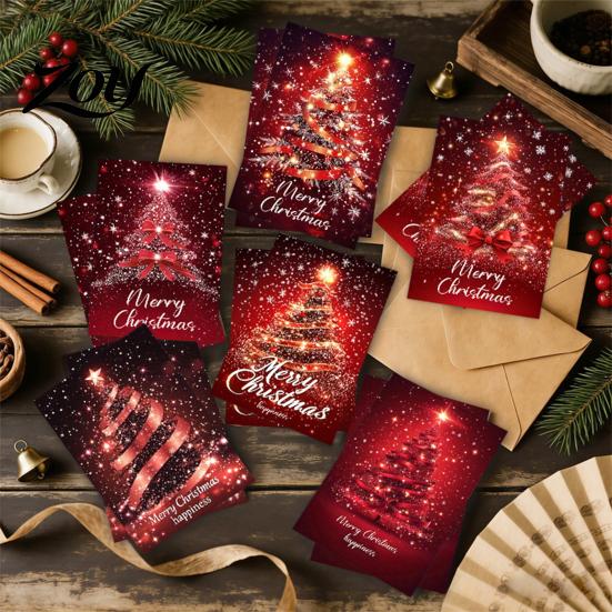 Christmas Greeting Cards for Relatives 6 Pcs Tree Cards, Merry Sparkly Bulk Stationery Set Holiday with Envelopes Winter, Xmas Party Supplies Wishes