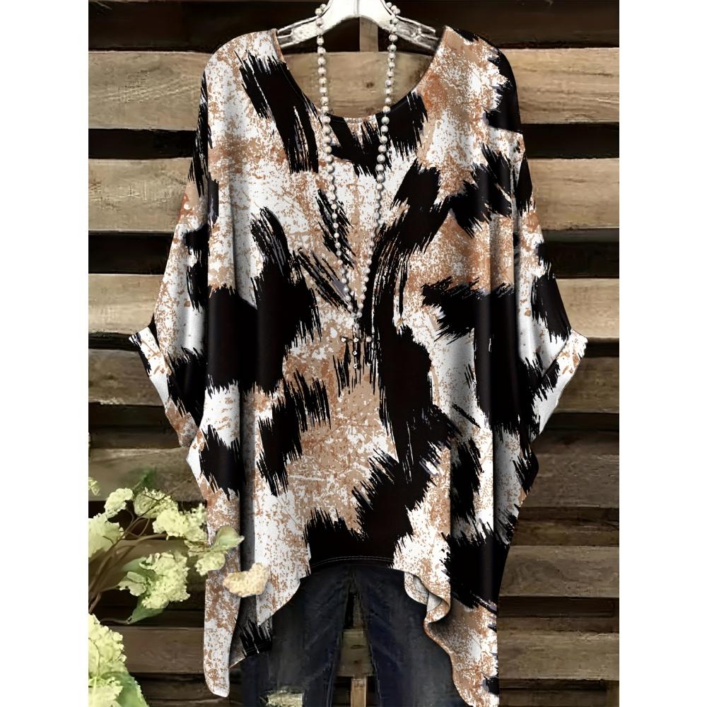 Women 's T-Shirt Simple Color Gradient Print Elegant Irregular Hem O- Neck Women's Clothing Casual T-Shirt Vacation Style Loose