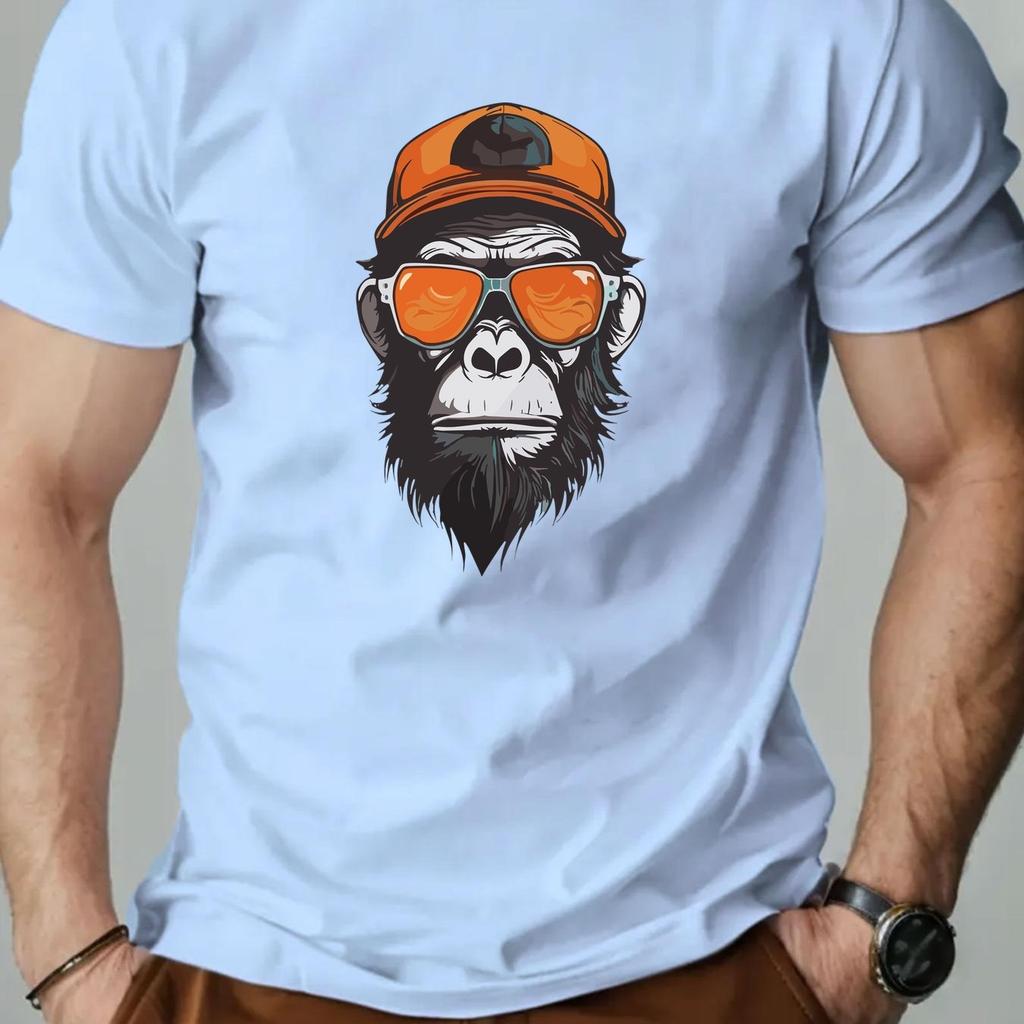 Men's Summer 100% Pure Cotton Fashionable Casual Sports Loose Monkey Pattern Printed Round Neck Short Sleeved T-shirts