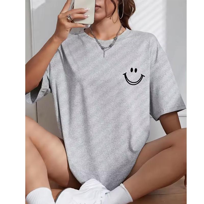Happy Expression Printed Women Short Sleeve Street Hip Hop Tee Clothing cotton Breathable Tops Crewneck Women T-Shirts