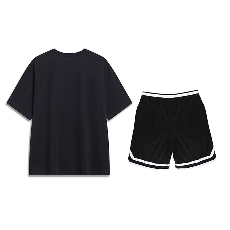 Li-Ning American Hand-Painted Logo Round Neck Short Sleeve Loose Striped Comfortable Shorts Casual Sports Suit Unisex suit Black AHSU745-1+YAPV001-1