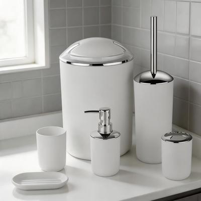 6 Stück/Set Mülleimer Toilettenbürste Flüssigseifenspender Seifenschale Becher Zahnbürstenhalter Set für Zuhause Hotel Badezimmer