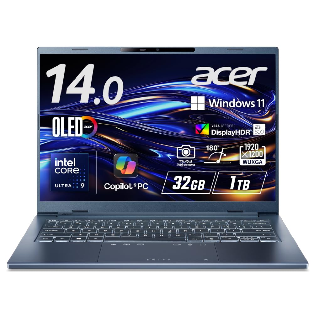 Acer Swift Go 14 AI Intel Core Ultra 9 OLED Glossy WUXGA 32GB 1TB Battery Slim and IR Japanese Steam Laptop, Display, DCI-P3 100% 1610 Resolution,