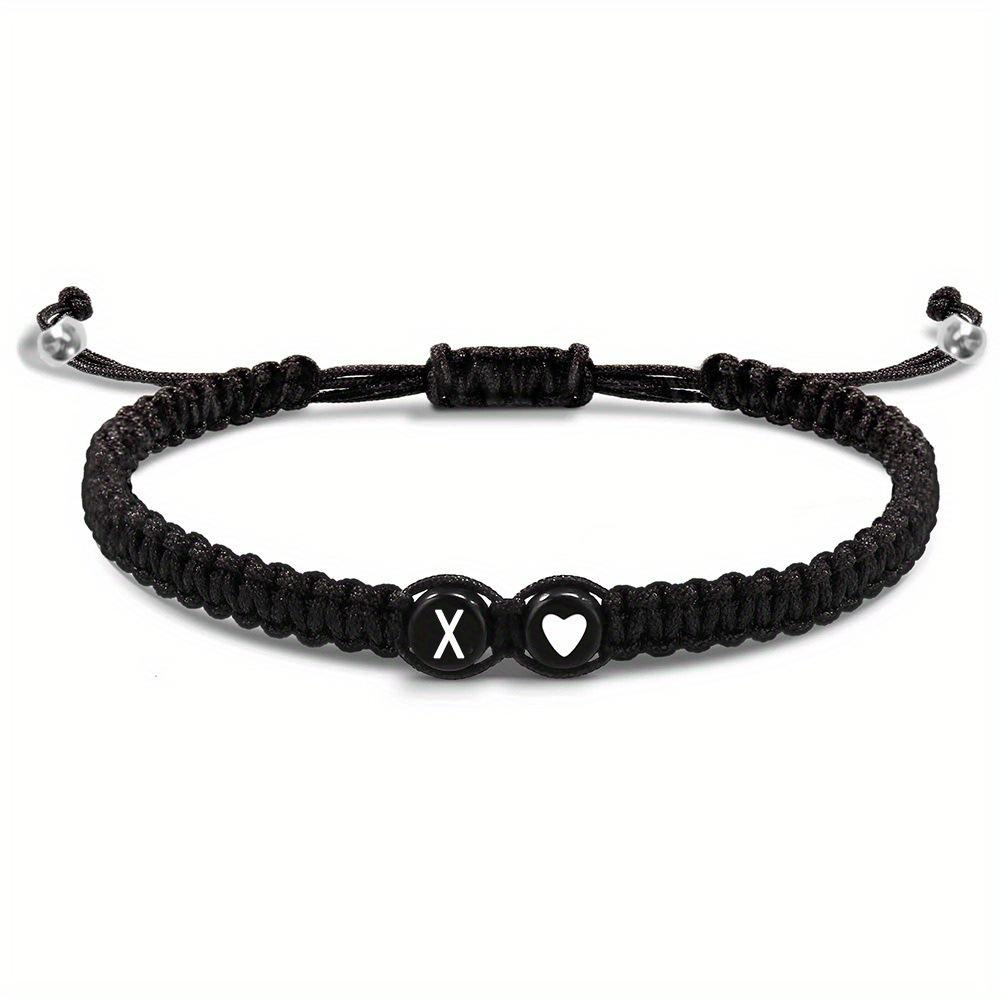 Adjustable Hand-woven Bracelet: Black with White Letter, Heart, Silver Bead - Choose from 26 English Alphabets.