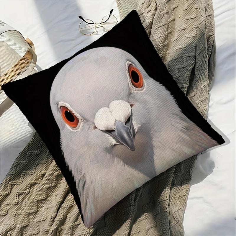 1 faux white and gray two-tone pigeon plush figure with modern style black background with flying or perching pigeon pattern