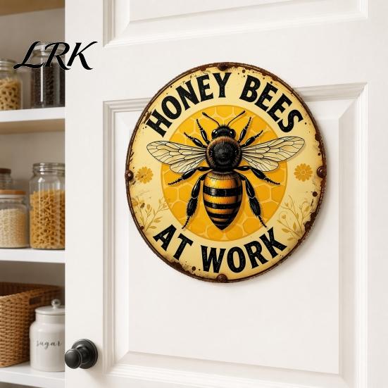 Easy Hang Metal Sign Honey Bee Round Sign, Bees at Work Retro Wall Hanging Plaque Decor for Cafe Bar Pub Home Art Walls