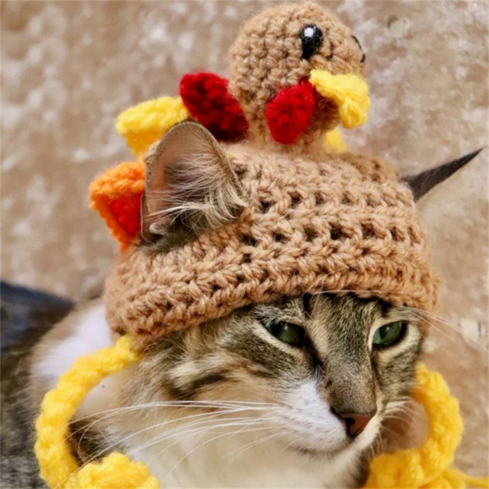 Elastic Cat Turkey Hat Cartoon Cat Cosplay Headwear Cute Pet Knitted Hat  For Cats Puppy