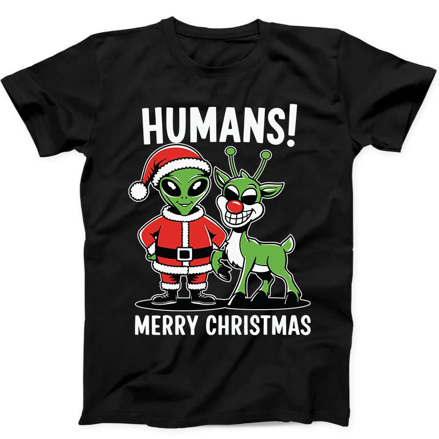 Christmas Humans Merry Xmas Alien Gift Black T Shirt 241