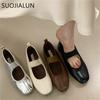 Fashion SUOJIALUN 2025 Autumn Women Flat Heel Shoes Fashion Round Toe Shallow Slip On Mary Jane Shoes Soft Flat Casual Dress Single Shoe