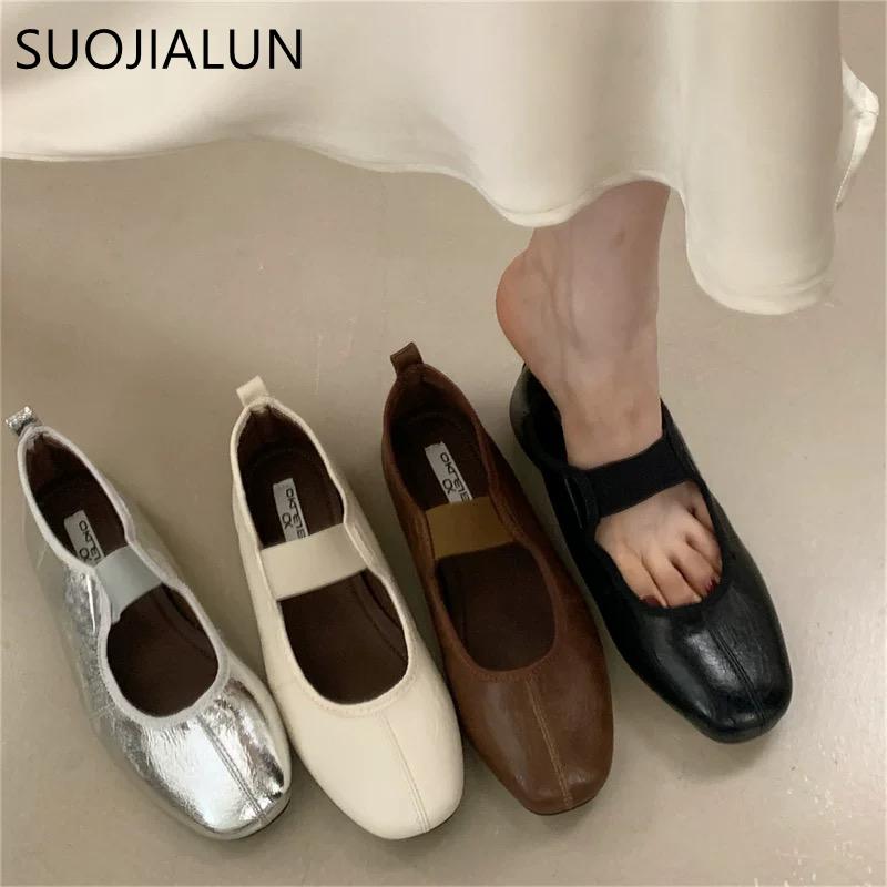 Fashion SUOJIALUN 2025 Autumn Women Flat Heel Shoes Fashion Round Toe Shallow Slip On Mary Jane Shoes Soft Flat Casual Dress Single Shoe