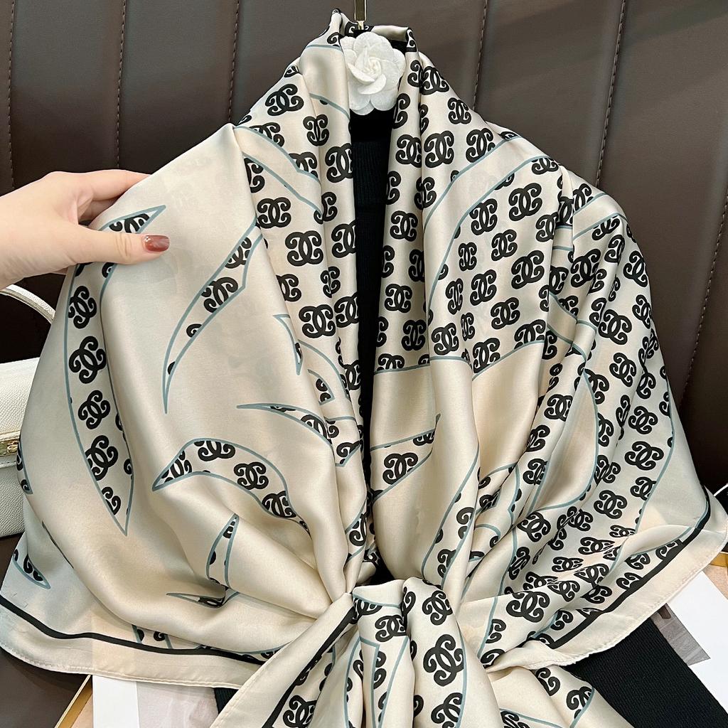 New simple temperament camellia imitation silk scarf personalized versatile brocade long scarf for mother and elders gifts