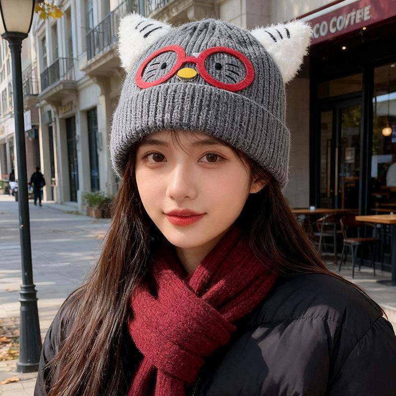 New Cute Glasses Cat Ears Hat for Women Autumn and Winter Warm Ear Protection Knitted Hat Showing Face Small Woolen Cold Hat