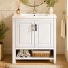 76.5 X 47 X 83 Cm, Freestanding Washstand, Fully Lacquered, Double-door Cabinet, Storage, Integrated Ceramic Washbasin, Open Shelves, White.