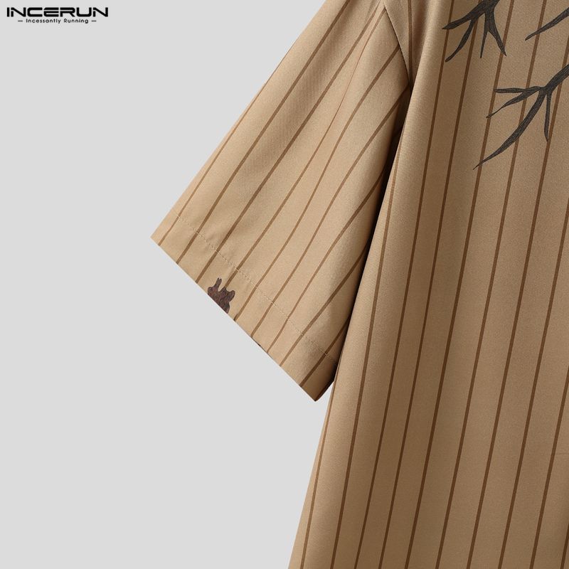 INCERUN Oversized Men Lapel Neck Short Sleeve Striped Print Casual Loose Shirts