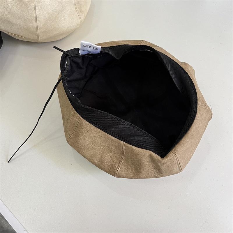Autumn and winter old retro matte leather beret solid color versatile painter hat showing face small star anise pumpkin hat