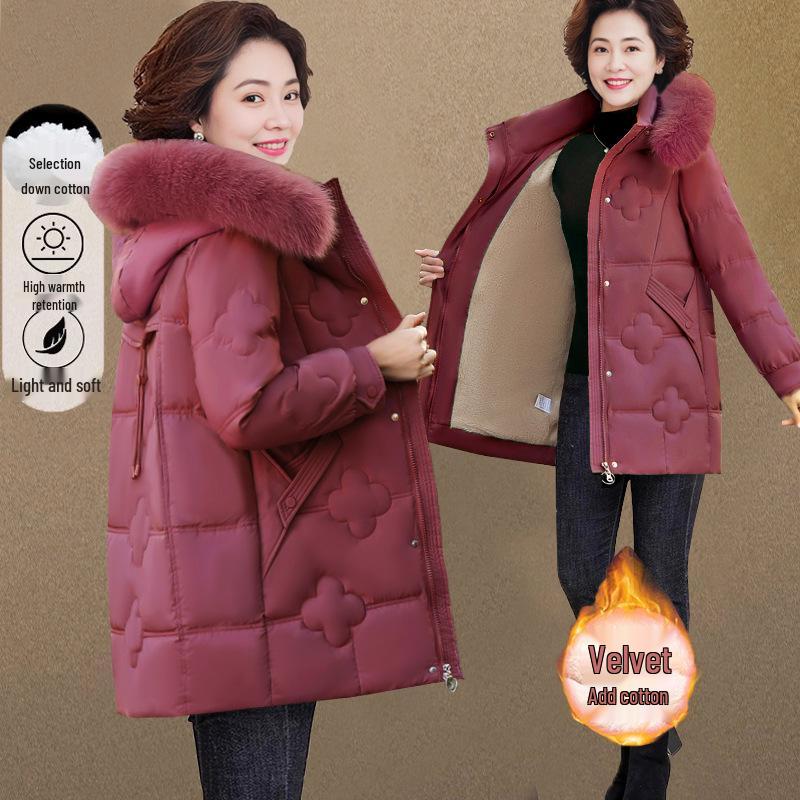 Mom's Mid-Length Fleece-Lined Down Cotton Coat - Petite, Middle-Aged & Elderly Women's Winter Jacket