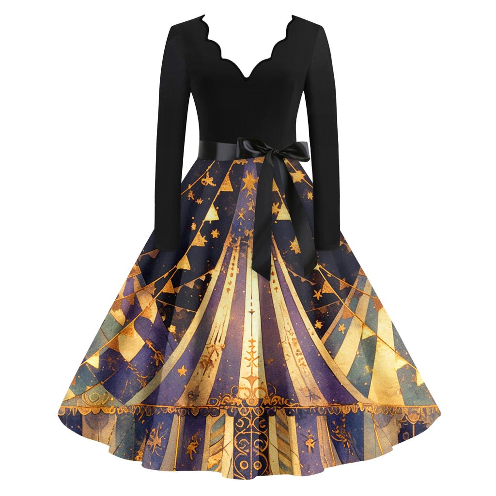 Women's Casual Fashion V Neck Long Sleeve Printed Vintage Long Dress