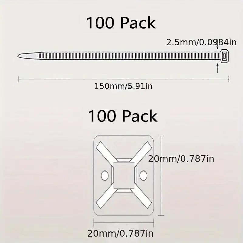 200-Piece Zip Tie Bracket with Self-Adhesive Backing - Cable Management Clips and Wall Anchors for Secure Wire Fixation