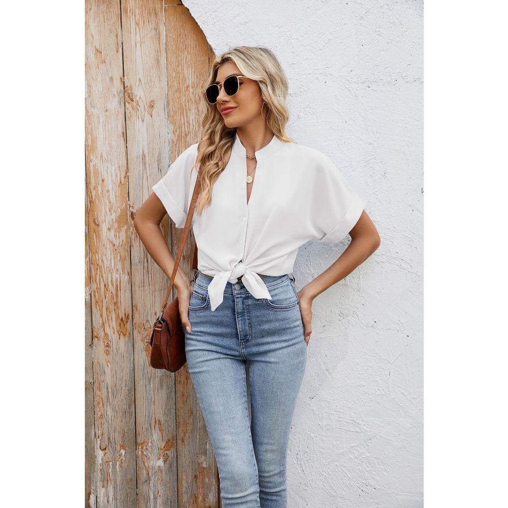 Sommer Neue Einfarbig V-ausschnitt Lose Kurzarm Button-Down Chiffon Hemd