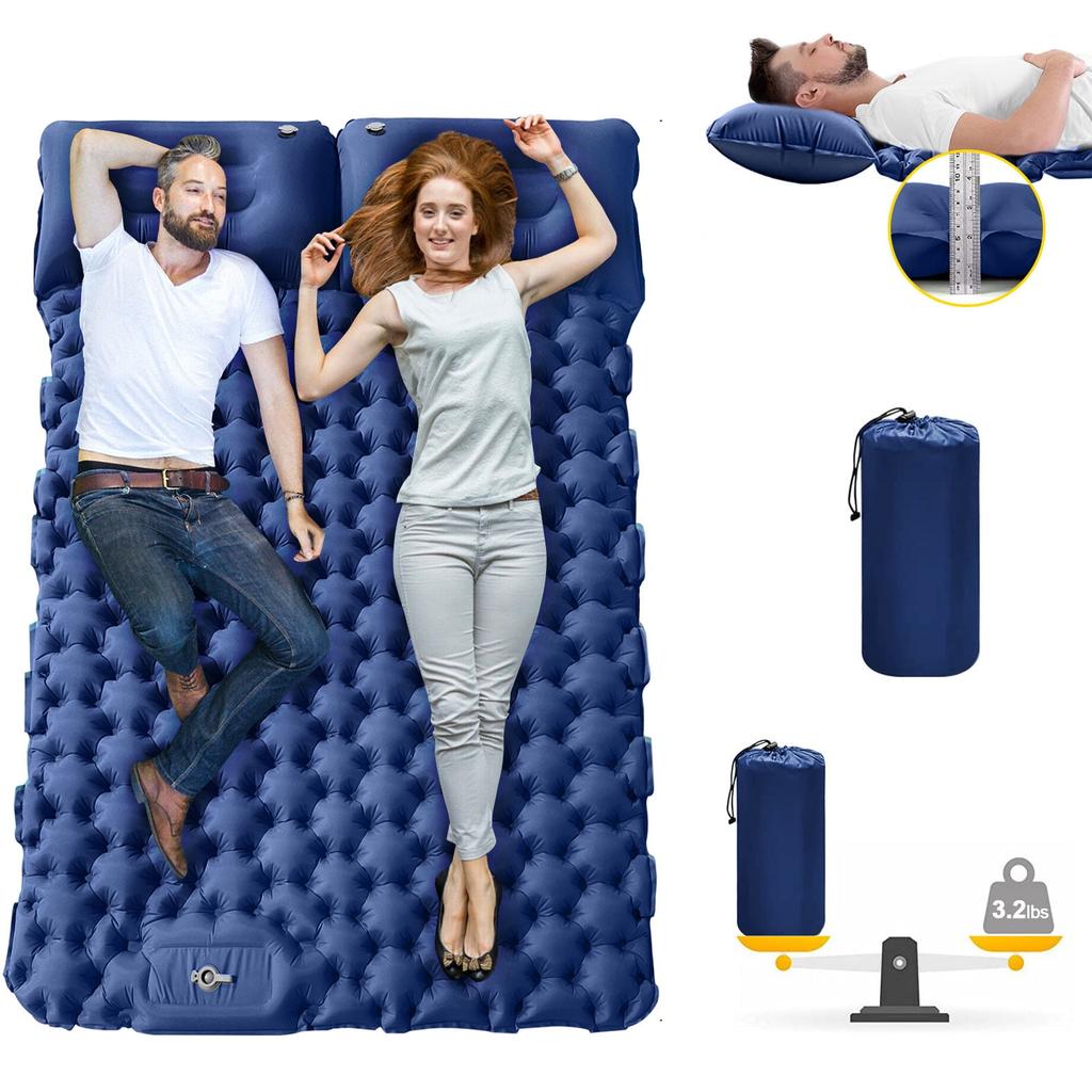 Double Sleeping Pad for 2 Person, Thick Inflatable Camping Mat with Built-in Foot Pump & Pillow, Compact Air Mattress for Hiking, Backpacking, Tent
