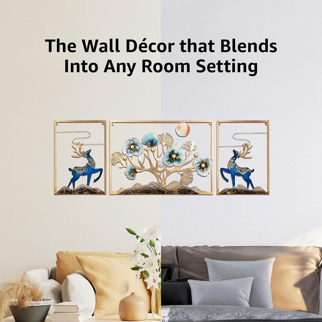 Leaves and Deer Metal Wall Décor | Nature-Inspired Iron Wall Hanging |  Wall Hanging | Wall Décor | Easy Installation | 120 x 50 cm | Set of 3