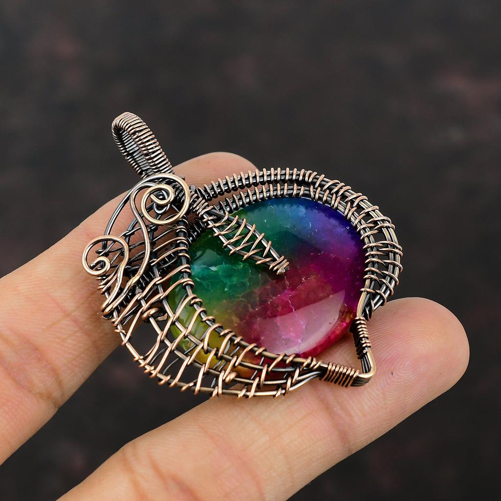 Rainbow Solar Quartz Druzy Pendant Copper Wire Wrapped Pendant Handmade Copper Wire Jewelry Natural Gemstone Pendant Dainty Jewelry For Gift