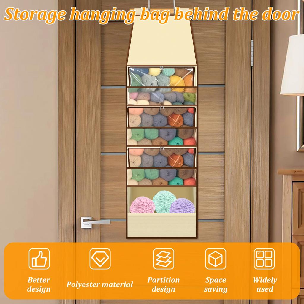 Over Door Yarn Storage Organizer Multi-layer Storage Hanging Bag with 4 Clear Zipper Compartment & 3 Side Knitting Needle Pocket