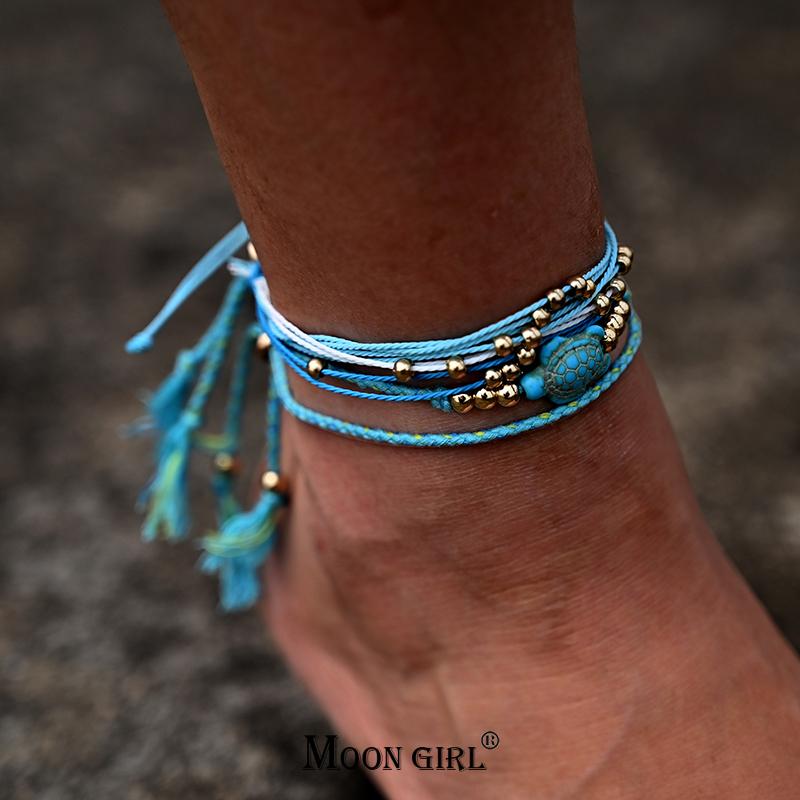 Bohemian Turtle Anklet Bracelet for Women Lace up Y2K Rope Fashion Leg Foot Stackable Barefoot Chain Summer Beach Jewelry