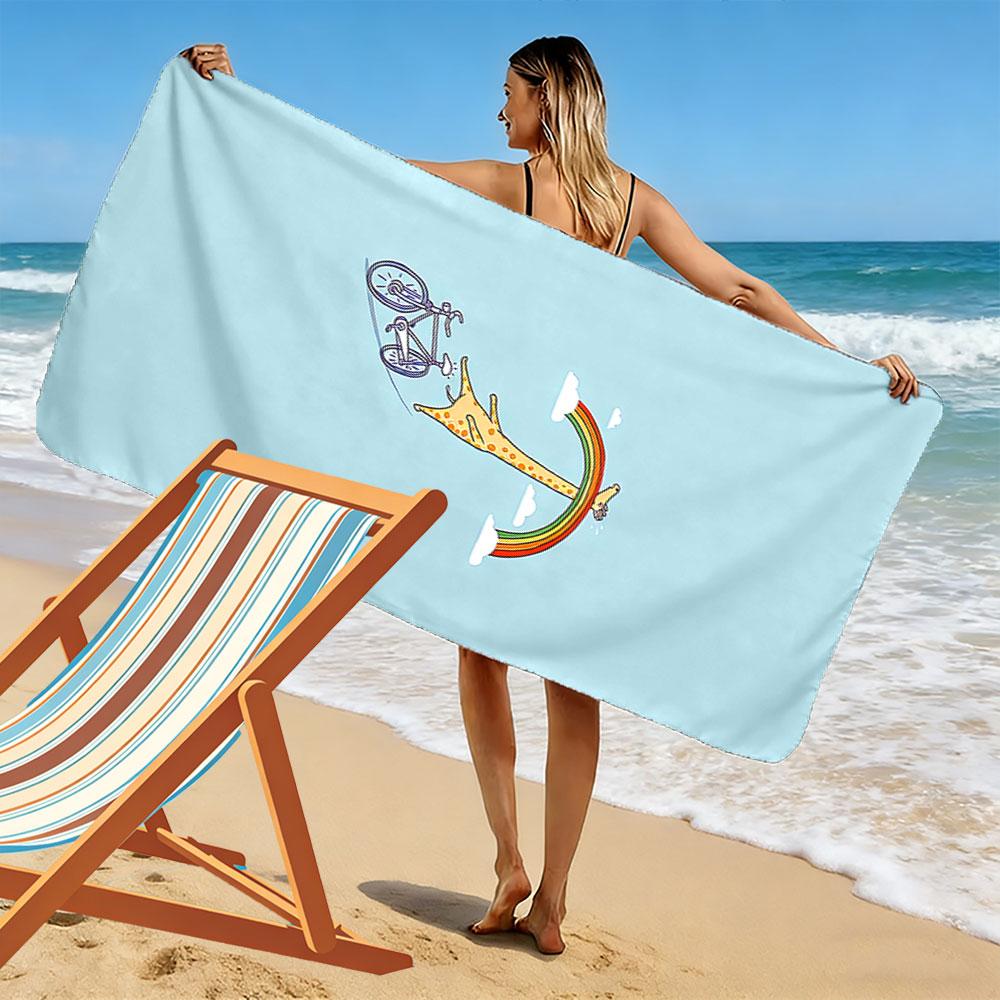 Giraffe Riding Bike Rainbow Design Beach Towel Quick-drying for Travel Outdoor Sports Jogging Beach and Swimming