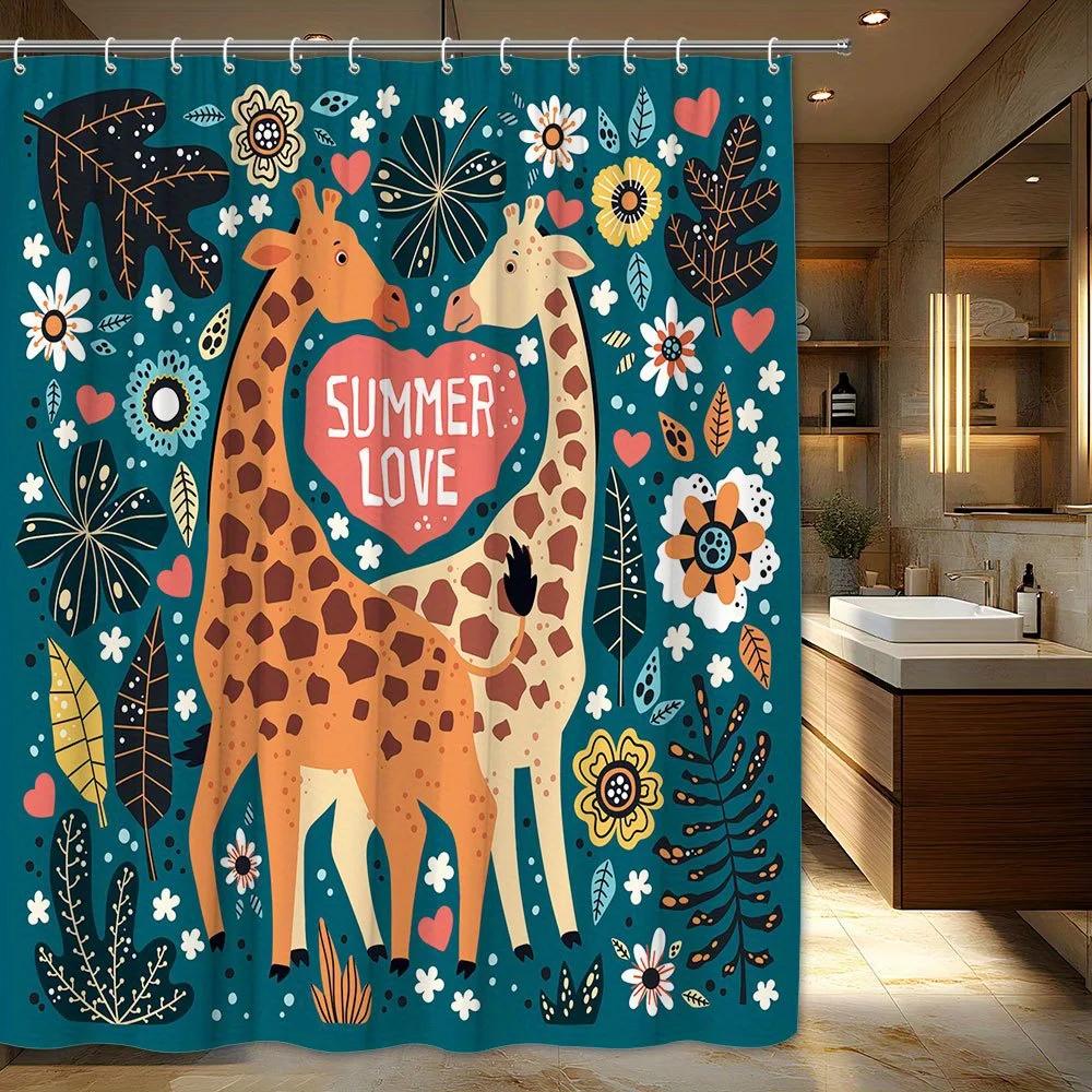 1Pc Summer Love Giraffes Shower Curtain - Playful Heart-Shaped Giraffes, Colorful Flowers &  Summer Love  Text Design, Washable W60H190(CM)-1 Pcs