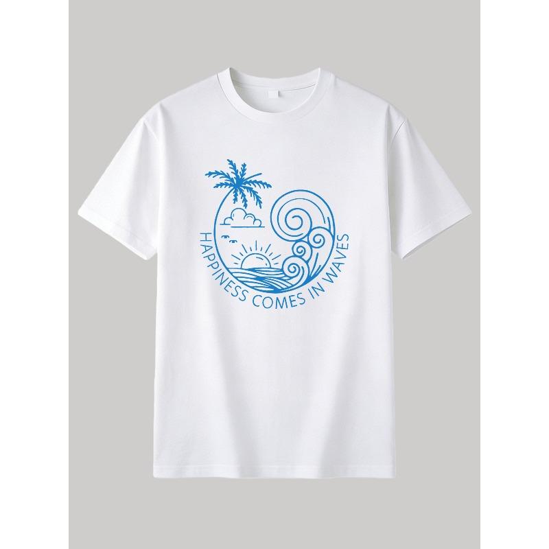 Kids Crewneck Short Sleeve T-Shirt, Hand Drawn Line Art Happiness Comes in Waves Beach Letter Print 110 белый