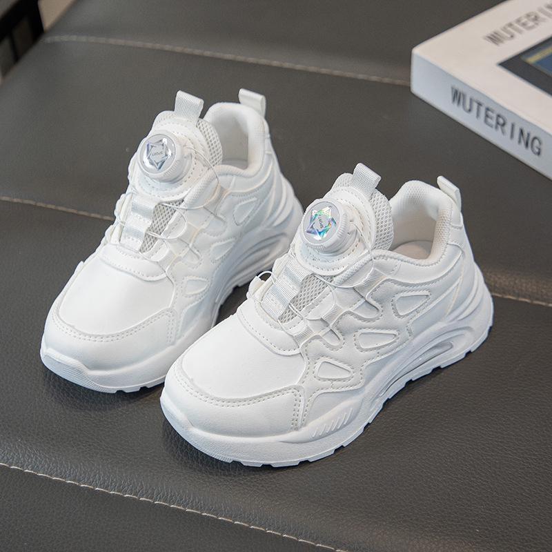 White Leather Sports Shoes with Rotating Button for Girls' & Boys', Soft Sole Lightweight Sneakers for Kids
