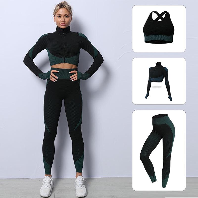 Costum de yoga din tricot fără cusături pentru femei: Set de toamnă/iarnă din 3 piese cu ridicare de șold pentru fitness și alergare