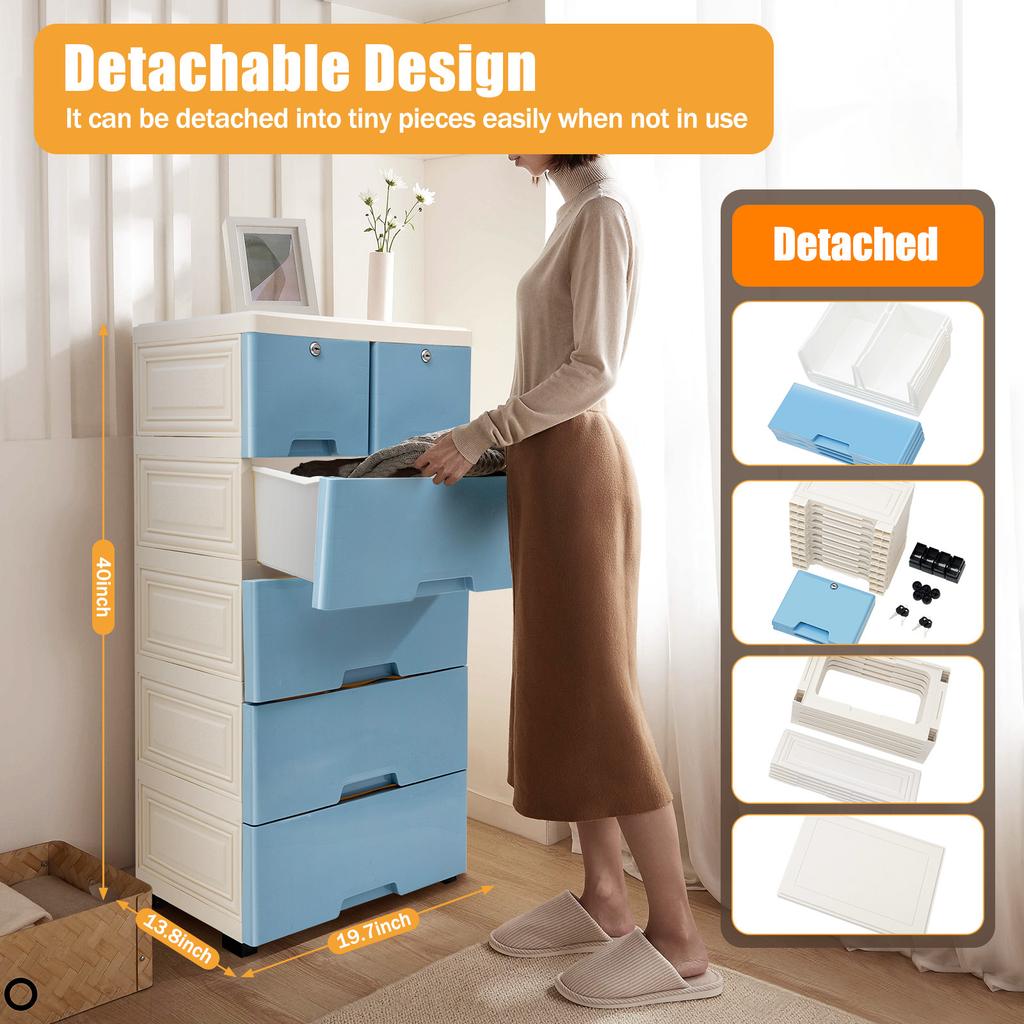 6-Drawer Modular Storage Cabinet – PP Plastic Dresser with Wheels & Locks – White/Blue – 50 x 35 x 102 cm