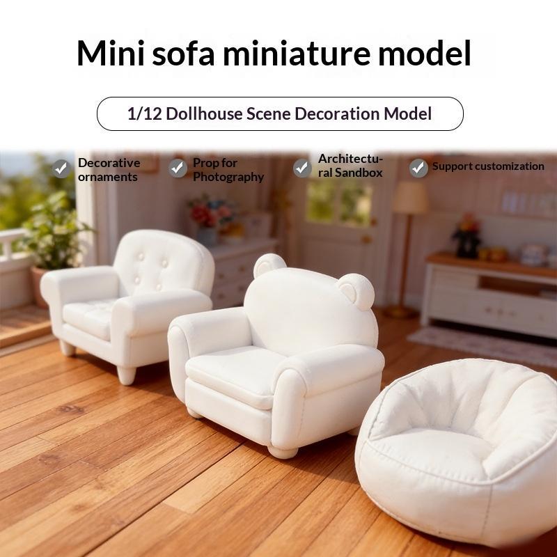 1:12 Miniature White Sofa Lovely Bear Ear Design Small Micro Furniture for Dollhouse Living Area Decoration