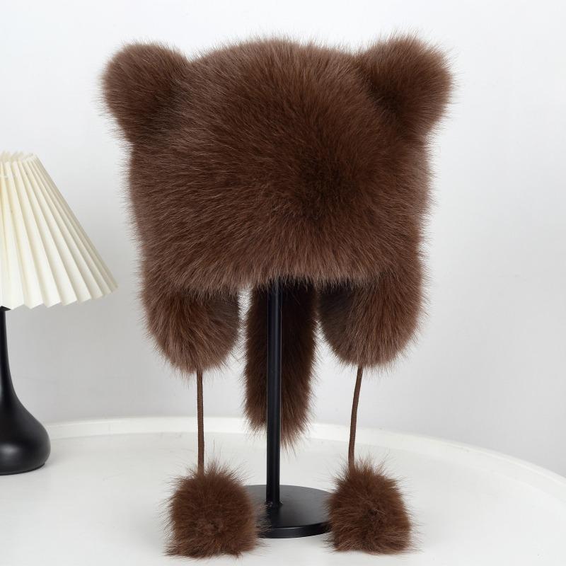 Thickened Winter Hats for Women Keep Warm Cute Faux Fur Raccoon Tail Plush Hat Hat Winter Warm Brim Cap with Tail Cute Cat Ears Fur Bomber Hats