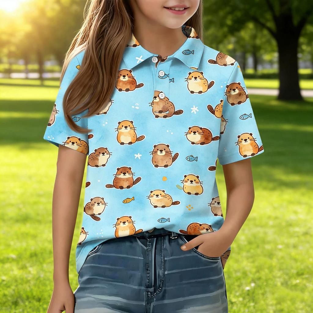 Kids Casual Short Sleeve Polo Shirt Animal Pattern Cartoon Print Lightweight Comfortable Soft Fabric Breathable Summer Top for Boys Girls
