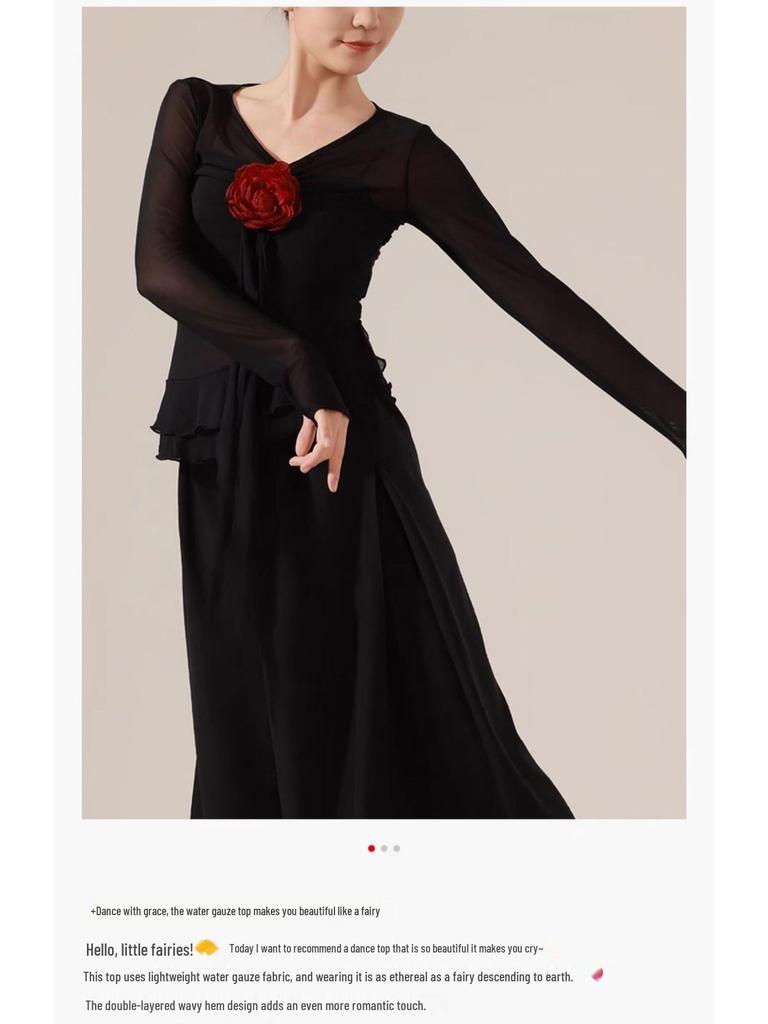 Women's Elastic Floral Long Sleeve Dance Costume - Slim Fit Modern Performance Top